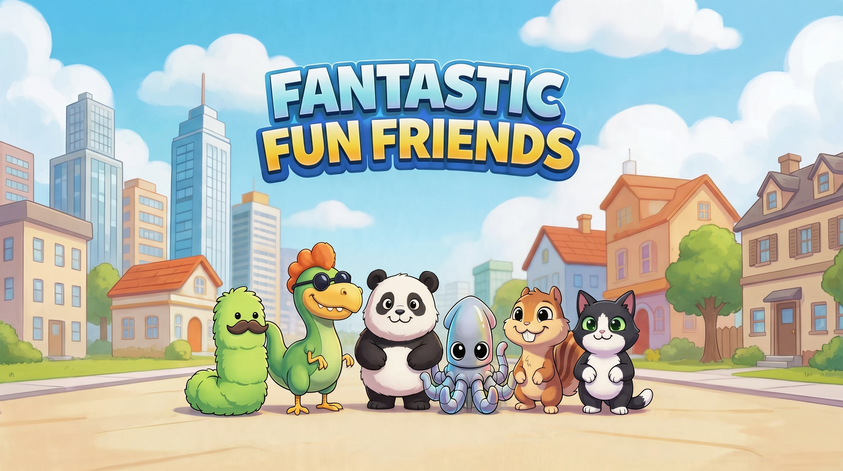 Fantastic Fun Friends – Squabbity Wubbity, Flange, Fancy Shmancy, Pweebie, Skoot and Mushi together on a sunny city street